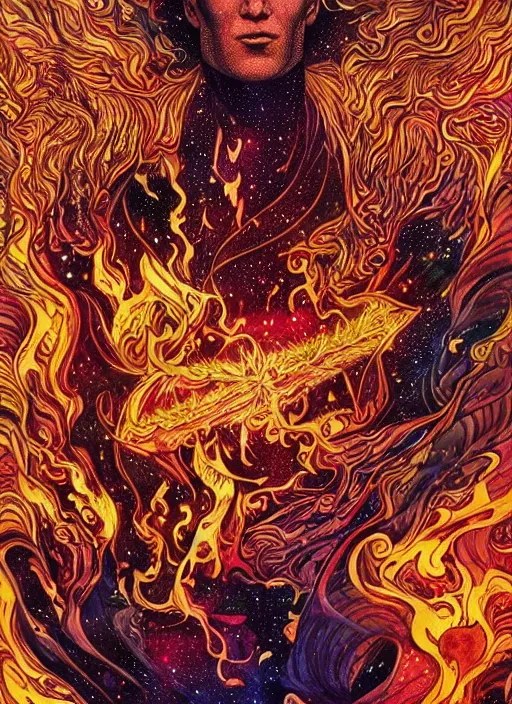 Image similar to high intricate colored ink drawing of the sandman holding a glimmering fire - galaxy, full shot, neil gaiman, maria panfilova, andrea savchenko, mike kime, ludovic plouffe, qi sheng luo, oliver cook, julian calle, eddie mendoza, trending on artstation