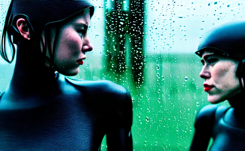 Image similar to cinestill 5 0 d candid action photographic portrait by quentin tarantino of two loving female androids wearing rugged black mesh techwear in treacherous waters, extreme closeup, modern cyberpunk retrofuturism moody emotional cinematic, pouring iridescent rain, 8 k, hd, high resolution, 3 5 mm, f / 3 2, motion blur, ultra realistic faces, ex machina