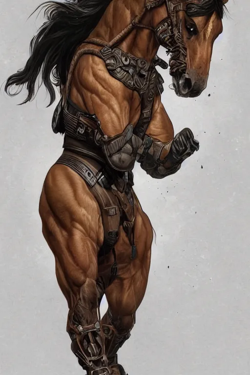 Image similar to portrait of hulking herculean anthro horse security trooper, full bodysuit, godlike, full body, fantasy, intricate, elegant, highly detailed, digital painting, artstation, concept art, sharp focus, illustration, art by artgerm and greg rutkowski and alphonse mucha