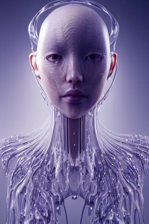 Image similar to iris van herpen, beautiful woman asian face, perfect symmetrical body, full body shot, inflateble shapes, wires, tubes, veins, jellyfish, white biomechanical details, wearing epic bionic cyborg implants, masterpiece, intricate, biopunk, vogue, highly detailed, artstation, concept art, cyberpunk, octane render