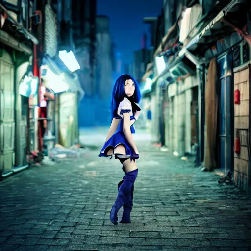 Prompt: breathtaking photo of an attractive young asian elf woman with pointy ears and blue hair, wearing a miniskirt and knee-high boots, crouching in an endlessly sprawling hazy abandoned city at night