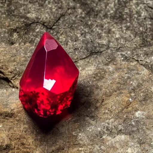 Image similar to a deep red, glowing crystal on a rock