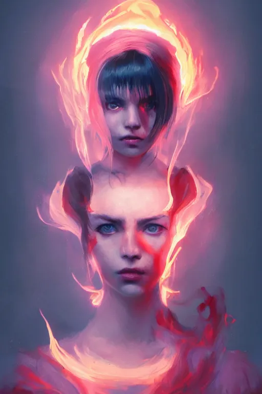 Image similar to a fancy portrait of a young Demon girl with her left eye in a coloured flame's by Greg Rutkowski, Sung Choi, Mitchell Mohrhauser, Maciej Kuciara, Johnson Ting, Maxim Verehin, Peter Konig, final fantasy , 8k photorealistic, cinematic lighting, HD, high details, atmospheric , trending on artstation