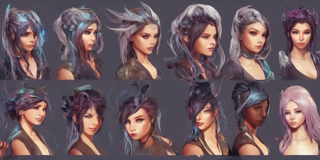Image similar to concept art of young hispanic female netrunner d & d video game characters head designs, unique hair designs, by marc brunet and artgerm