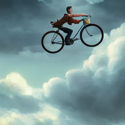 Prompt: A fancy portrait of a happy man flying in the sky on his bicycle in the clouds, perfect expression, Ross Tran, Greg Rutkowski, Maciej Kuciara, 8k photorealistic, volumetric lighting, HD, high details, dramatic, warm atmosphere, trending on artstation