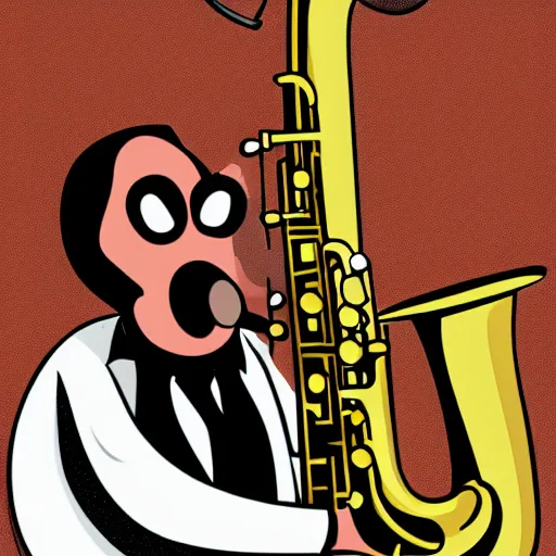 Prompt: an anthropomorphic saxophone playing another saxophone