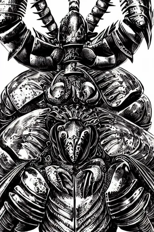 Image similar to human warrior, lobster themed armour, crab, symmetrical, highly detailed, digital art, needles, sharp focus, trending on art station, kentaro miura manga art style