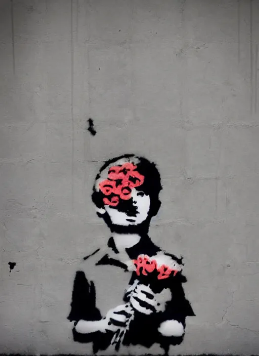 Image similar to a side profile of a single boy holding flowers in the style of Banksy, graffiti, digital art