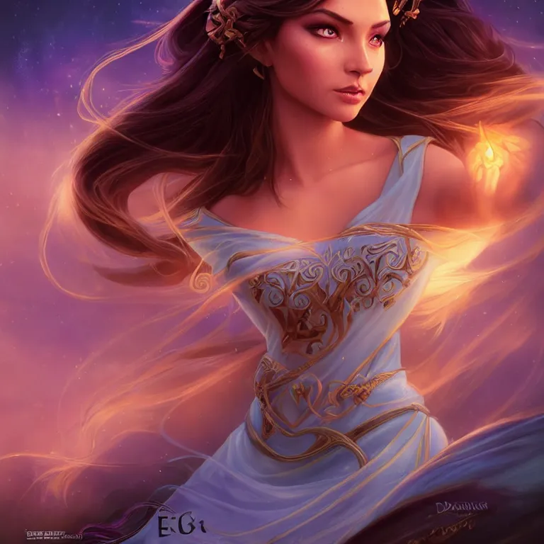 Image similar to beautiful cinematic fantasy poster, a beautiful princess goddess like princess jasmine with flowing illuminated hair, beautiful glowing galaxy eyes, wideshot ultrawide angle epic scale, hybrid from The Elden Ring and art direction by Darius Zawadzki ;by artgerm; wayne reynolds art station; cinematic quality character render; low angle; ultra high quality model; production quality cinema model;