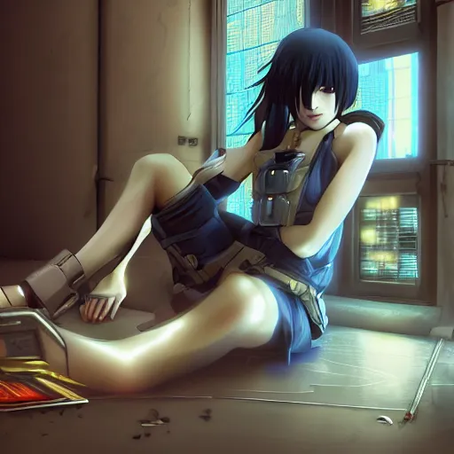 Image similar to advanced anime digital art, cyberpunk girl sitting in a box , visual key, Makoto Shikai