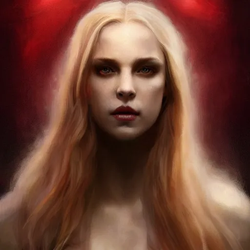 Prompt: majestic gracious regal aristocratic blond female vampire portrait, atmospheric lighting, painted, voluptuous, menacing, intricate, volumetric lighting, beautiful, rich deep colours masterpiece, sharp focus, ultra detailed, by leesha hannigan, ross tran, thierry doizon, kai carpenter, ignacio fernandez rios