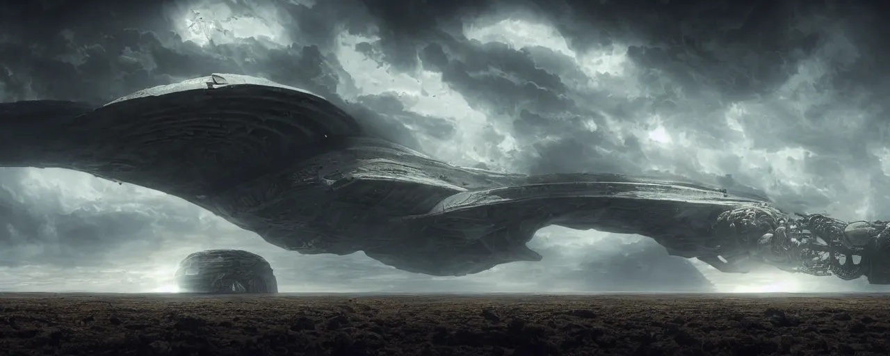 Prompt: a large organic like spaceship landing on a barren dry land with an epic cloud formation on the background by HR GIger, Dariusz Zawadzki, Neil blevins, Feng Zhu, gustave doré, zhuoxin ye, very detailed, octane render, 8k, oranate and brooding, scary and dark, canon 24mm lens