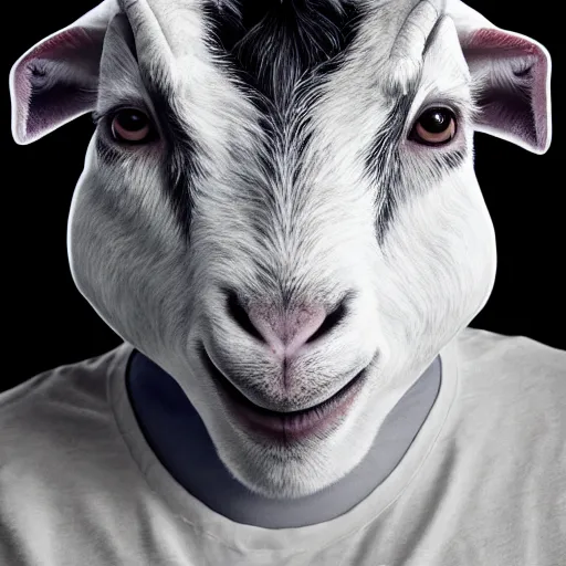 Image similar to andy milonakis as a goat, goat body, human head, anthropomorphic, 4 k, photorealistc, high details