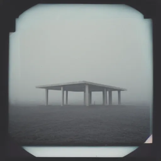 Prompt: impossibly large concrete structure in the distance, middle of nowhere, minimalist architecture, megalophobia, top obscured by fog, old polaroid, expired film,