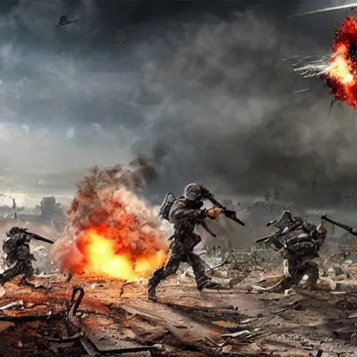 Image similar to hyper realism, realistic apocalyptic war scene, explosions