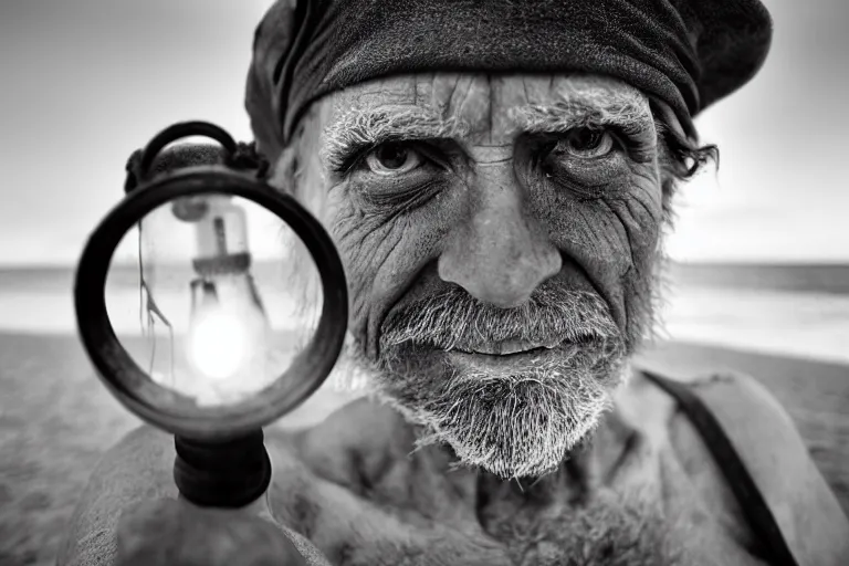 Image similar to closeup old man holding up a lantern on the beach in a pirate bay meet to a old wood shack by emmanuel lubezki