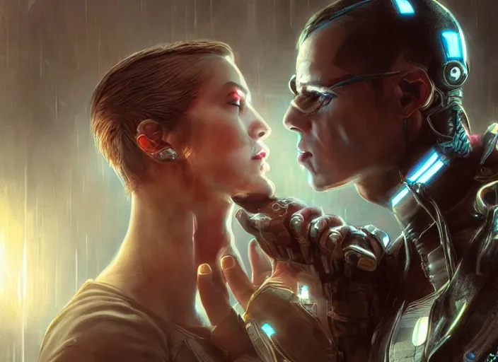 Image similar to cyberpunk, sci - fi, fantasy, ultra realistic medium shot of a couple of cyborgs kissing, lovers, joined by cables, backlight, led, unreal engine, octane render, soft light, night, highly detailed, digital painting, concept art, sharp focus, illustration, art by artgerm and greg rutkowski and alphonse mucha