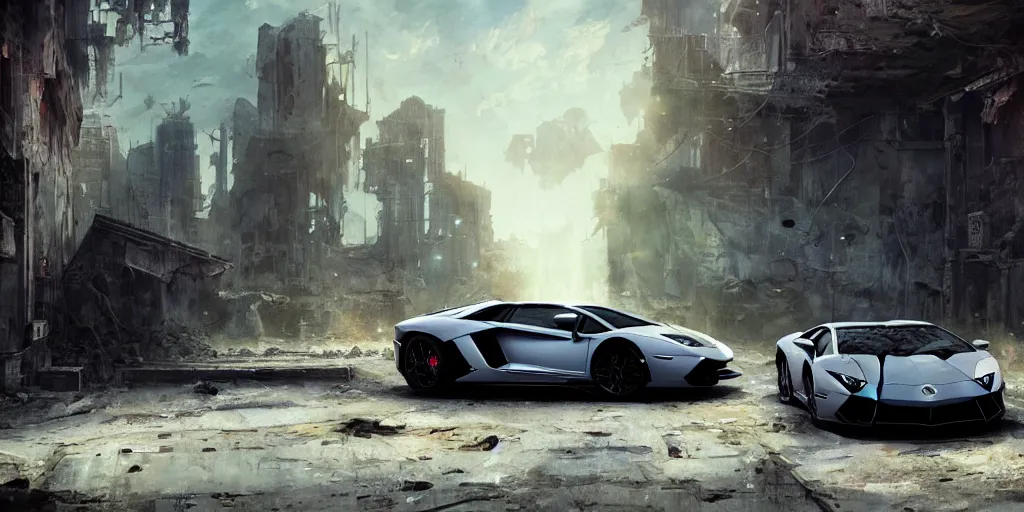 Image similar to lamborghini aventador in the abandoned city by frank frazetta, greg rutkowski, beeple, yoko taro