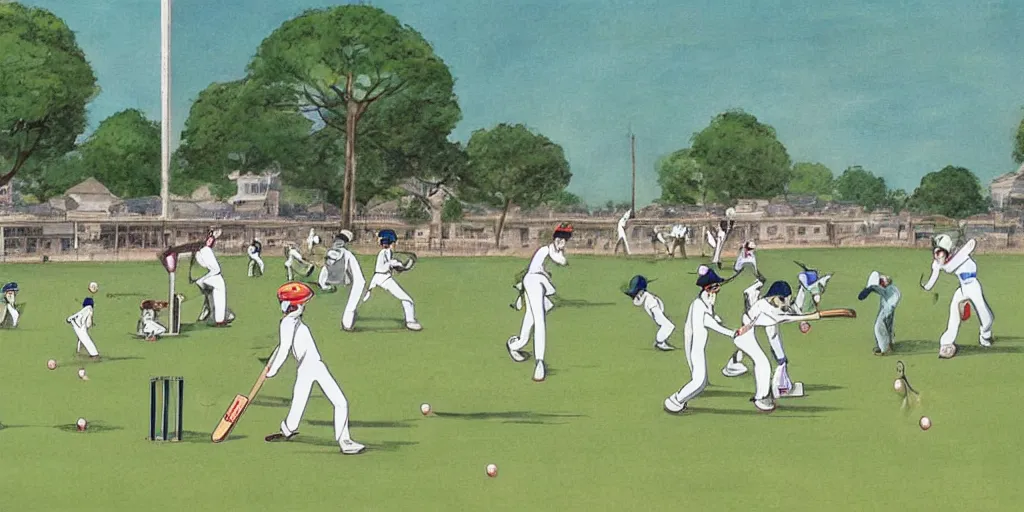 Prompt: cats playing cricket in a cricket ground, art by Hayao Miyazaki