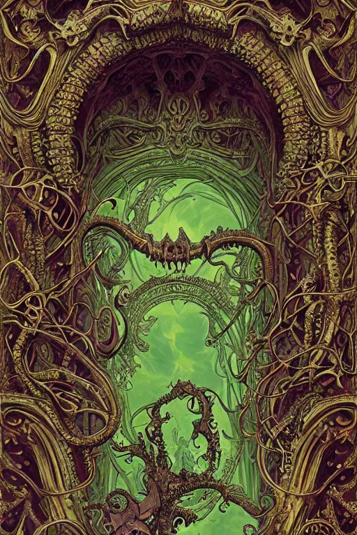 Prompt: art nouveau baroque architecture, demonic lovecraftian mouth gateway doorway portal to infernal hell, ornate stonework, made of bone and teeth, hyperdetailed cosmic gems, volumetric lighting, sigils, magenta and green color palette, wayne barlowe , moebius, yoshitako amano