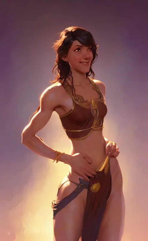 Image similar to genie, female, brown skin, short brown hair, smiling, abs, highly detailed, digital painting, artstation, concept art, sharp focus, illustration, art by greg rutkowski and alphonse mucha