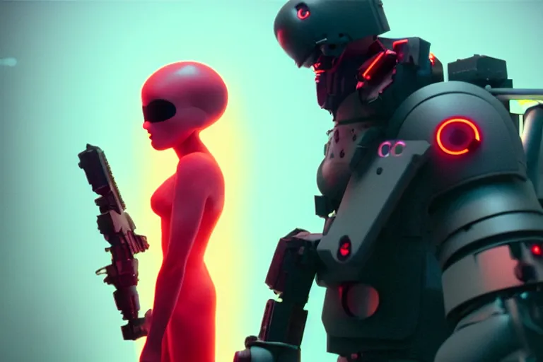 Image similar to vfx film, love death and robots, flat color profile low - key lighting award winning photography arri alexa cinematography, hyper real photorealistic cinematic, atmospheric cool colorgrade