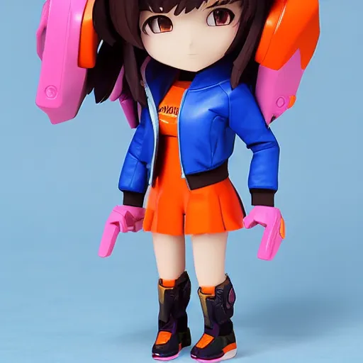 Image similar to waking dream, d. va from overwatch wearing orange ektachrome bomber jacket, nendroid, craig mullins style