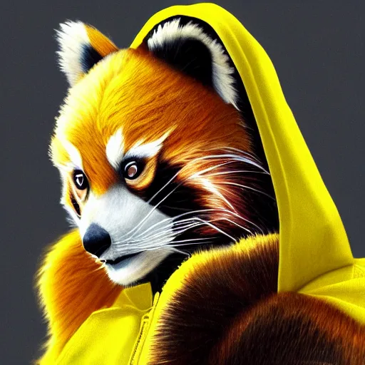 Image similar to beautiful portrait commission of a female furry anthro red panda wearing a yellow hoodie, trending on artstation