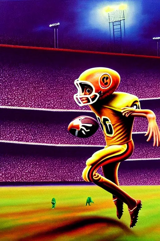 Image similar to a hyperrealistic painting of a chimeric creature scoring a touchdown on the foot ball field. cinematic horror by chris cunningham, lisa frank, richard corben, highly detailed, vivid color,