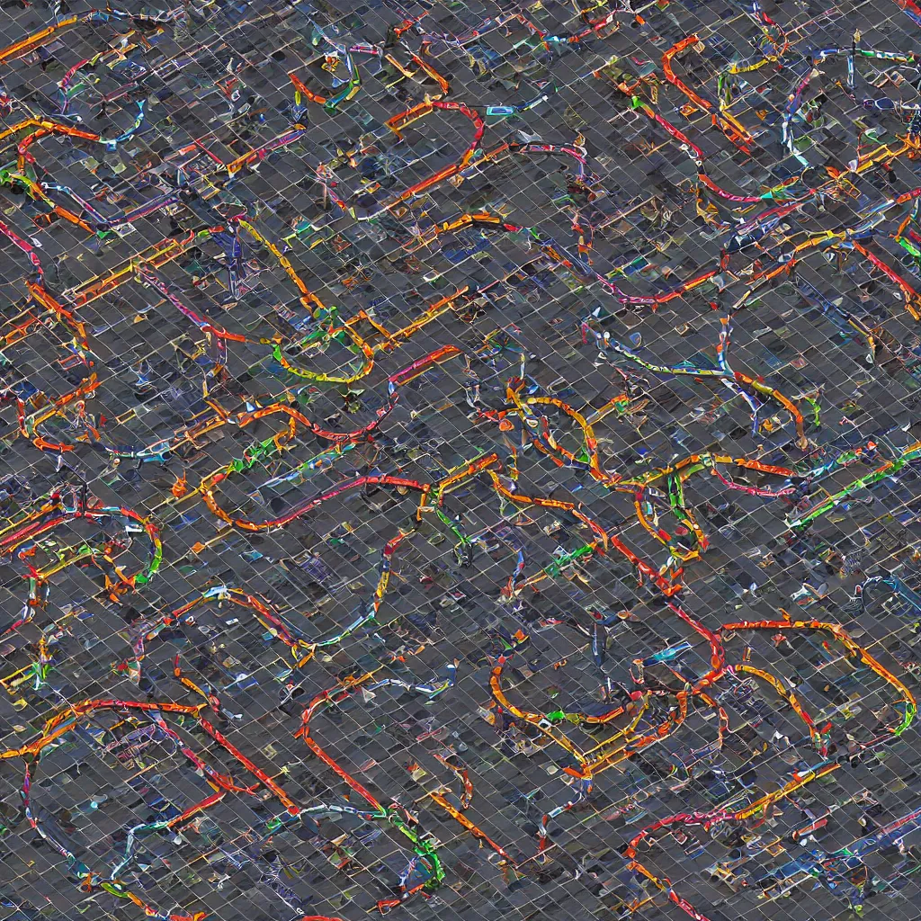 Image similar to train puzzle game. square grid of tracks. black background. top down 3 d rendered colorful trains and stations. trending on artstation. arnold render.