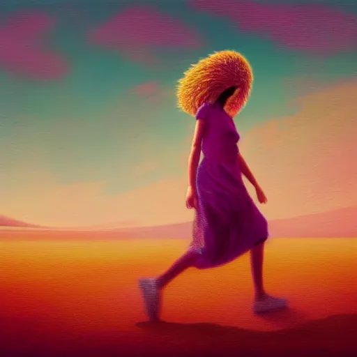 Image similar to closeup giant dahlia flower head, girl walking between dunes, surreal photography, sunrise, blue sky, dramatic light, impressionist painting, digital painting, artstation, simon stalenhag