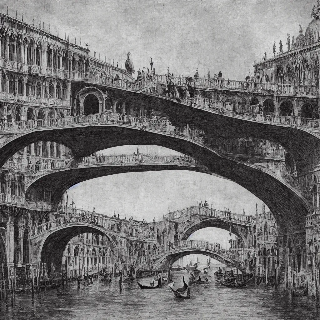 Image similar to venice bridges by piranesi, composition, cinematic, rule, grid