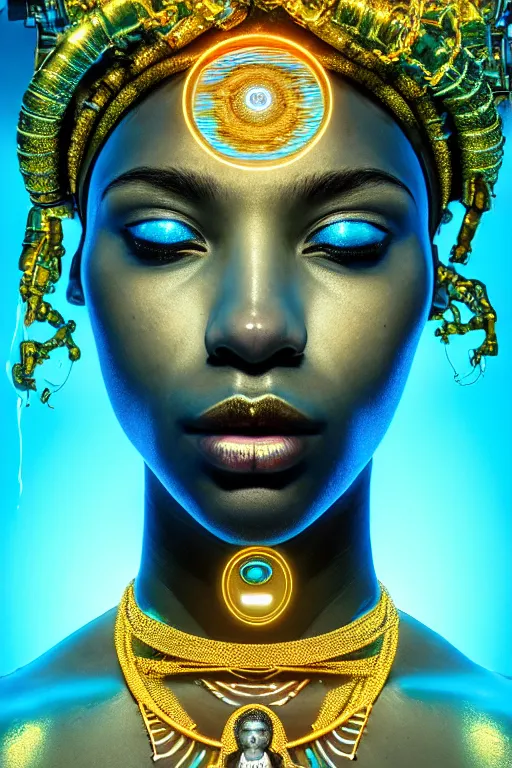 Image similar to hyperrealistic cybernetic cinematic bioluminescent very expressive! oshun goddess whole body underwater, gold jewerly, highly detailed face, digital art masterpiece, smooth eric zener cam de leon, dramatic pearlescent turquoise light on one side, low angle uhd 8 k, shallow depth of field