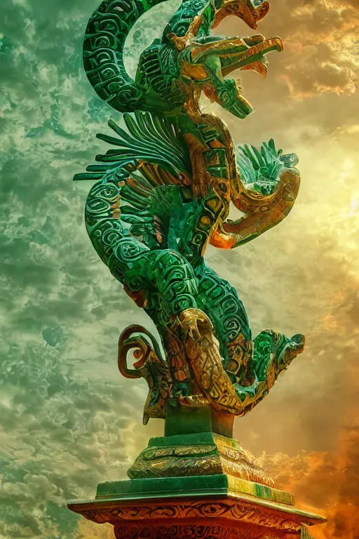 Image similar to aztec quetzalcoatl carved from translucent jade, dynamic pose standing on a marble pedestal, intricate details, intricate textures, warm lighting, vivid colors, smoke and mist, realistic octane render, hyper realistic render, volumetric shading, depth of field, raytracing, 8 k,