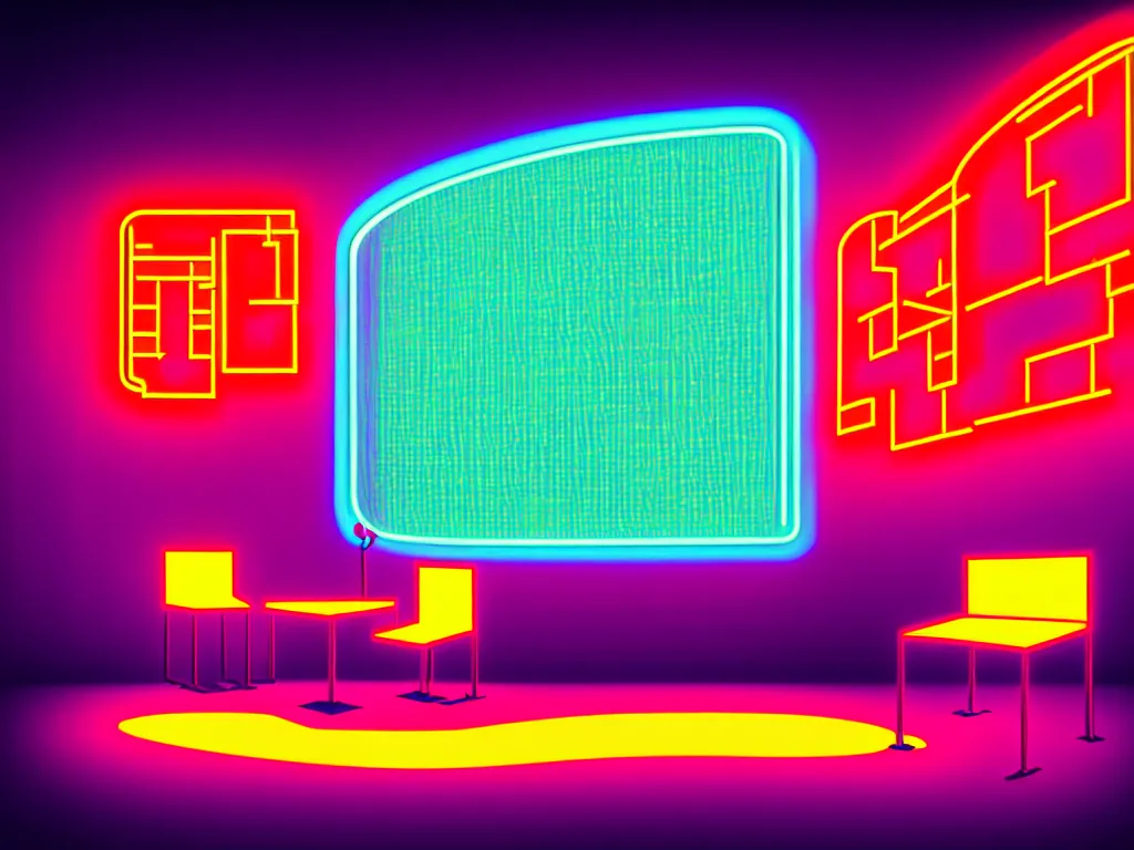 Image similar to room with overlaping curved translucent screens projecting art, large colorful art, pixel perfect image, high contrast, volumetric lighting, tiny neon light, chair, user, pair of keys