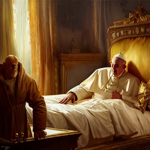 Image similar to the pope is in his bed, nervous and terrified, because a double horned shadow demon from hell is attacking him. highly detailed painting by gaston bussiere, j. c. leyendecker, greg rutkowski, craig mullins 8 k