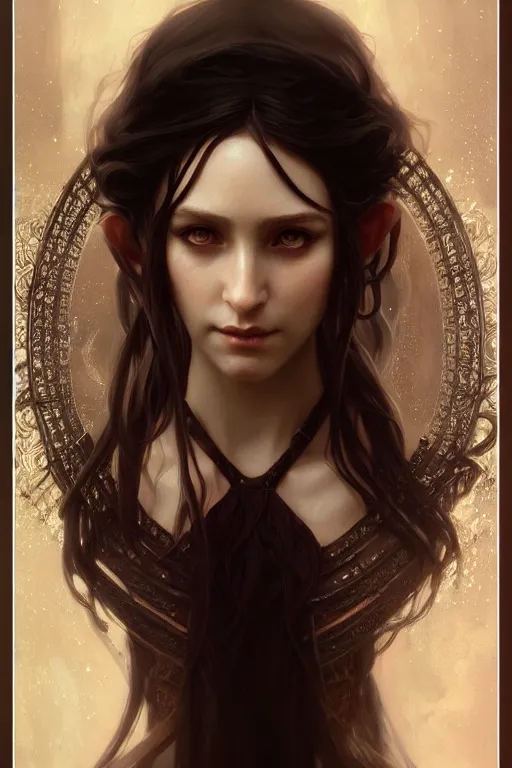 Image similar to Portrait of elvish girl, face, dark fantasy, intricate, elegant, highly detailed, digital painting, artstation, concept photoset, smooth, sharp focus, photo, art by artgerm and greg rutkowski and alphonse mucha