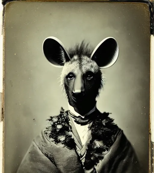 Image similar to professional studio photo portrait of anthro anthropomorphic spotted hyena head animal person fursona wearing elaborate pompous royal robes clothes by Louis Daguerre daguerreotype tintype