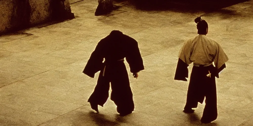 Image similar to scene from Shogun’s Shadow, 1989, movie still, cinematic, anthropomorphic half man half bear, epic, samurai