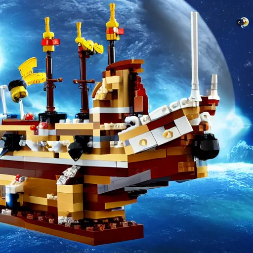 Prompt: lego scene of a pirate ship in space, photo realistic hd