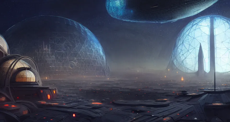 Image similar to cinematic shot, futuristic city on the moon inside a giant geodesic dome, utopian, night, stars, digital painting, artstation, concept art, smooth, sharp focus, illustration, intricate, elegant, highly detailed, in the style of greg rutkowski and alphonse mucha and artemisia, 8 k, highly detailed, jurgens, rutkowski