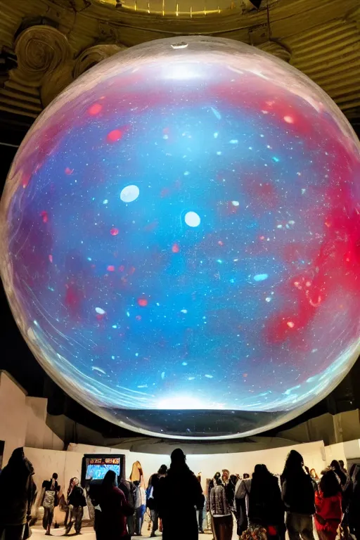 Image similar to public art installation about liquid planet in space. projected on big suspended sphere inside big and dark venue. interactive art by sila sveta