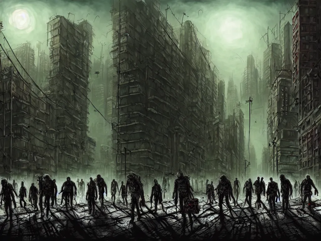 Image similar to post apocalyptic city landscape zombies roaming, very highly detailed, digital painting, 4 k, sharp focus, art