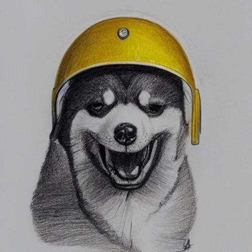 Prompt: A drawing of a Shiba Inu dog wearing an american m2 helmet