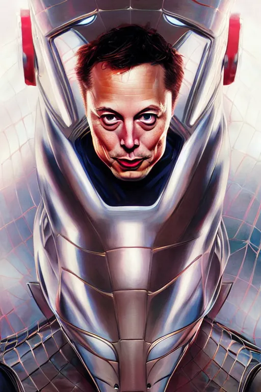 Image similar to elon musk in spider man suit, marvel character, realistic portrait, symmetrical, highly detailed, digital painting, artstation, concept art, smooth, sharp focus, illustration, cinematic lighting, art by artgerm and greg rutkowski and alphonse mucha