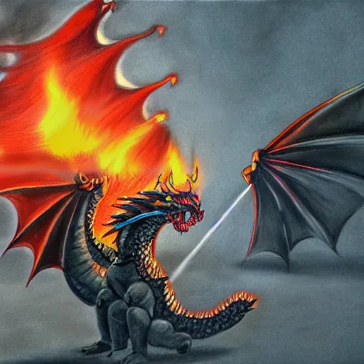 Image similar to firefighters against a fire - breathing dragon, pencil art, fire, colorful