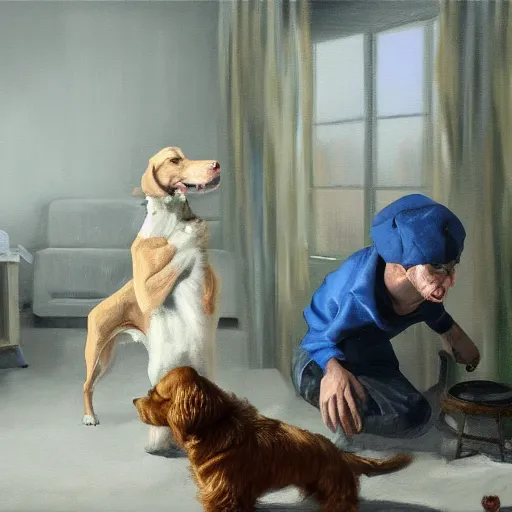 Prompt: a oil painting of a man angry at his dog and the dog is playing, digital painting, trending on art station, 8 k, masterpiece