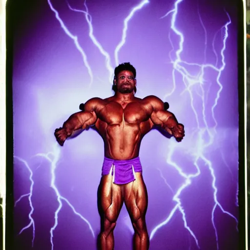 Image similar to realistic photo 35mm of a bodybuilder wearing a loincloth in a disco club next to a large purple rectangle made of lightning