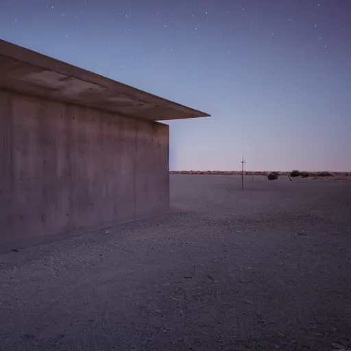 Prompt: concrete structure with neon lights in the middle of a desert, minimalistic architecture, at night, dark, surreal, open space, light art, james turrel,