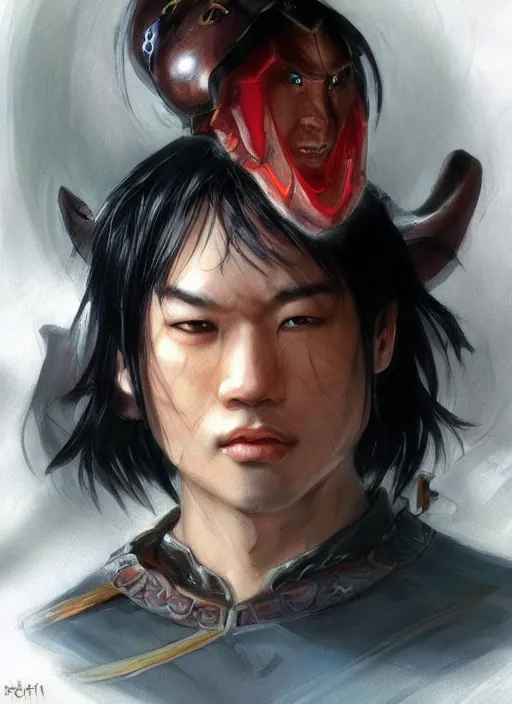 Image similar to asian with medium black hair man looks belly point of view, dndbeyond, bright, colourful, realistic, dnd character portrait, full body, pathfinder, pinterest, art by ralph horsley, dnd, rpg, lotr game design fanart by concept art, behance hd, artstation, deviantart, hdr render in unreal engine 5